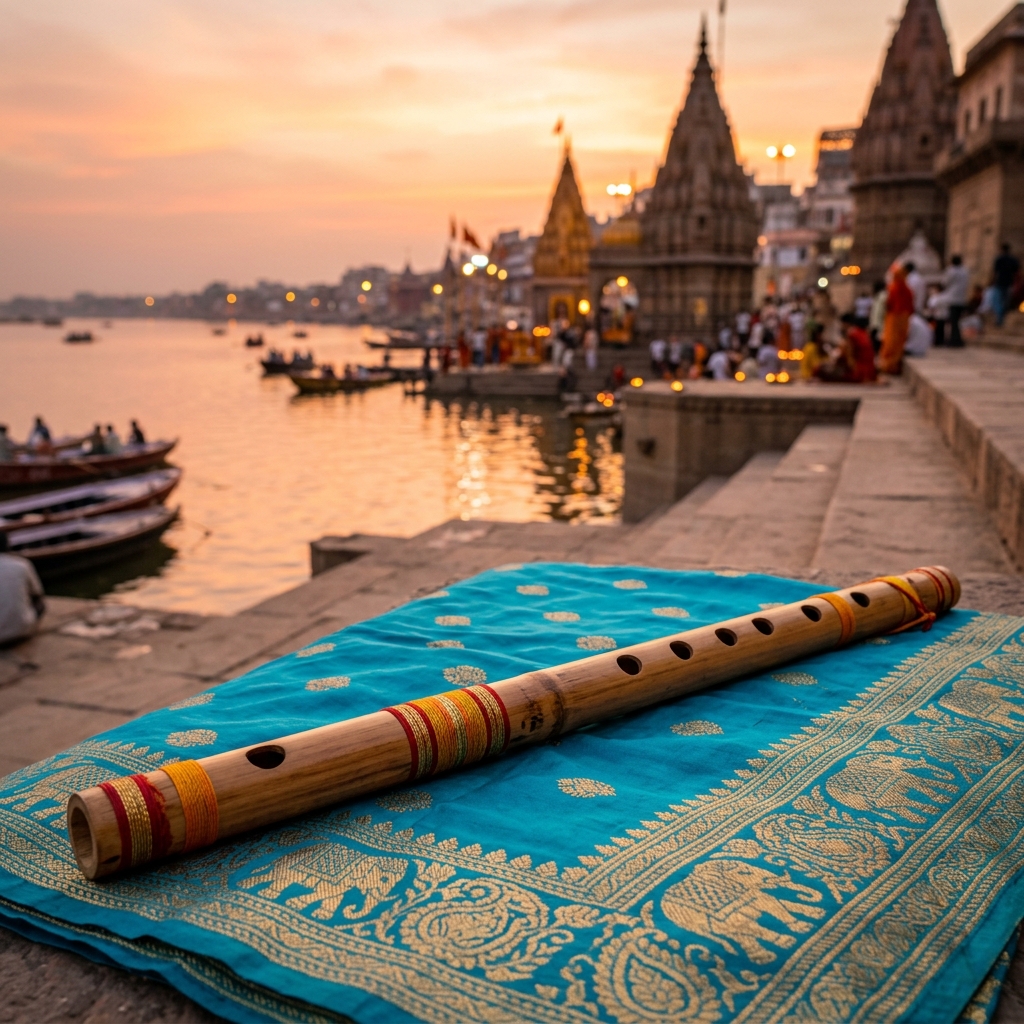 Banaras Flute Display on Silk