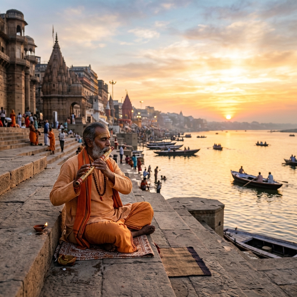 Playing Bansuri at Banaras Ghat